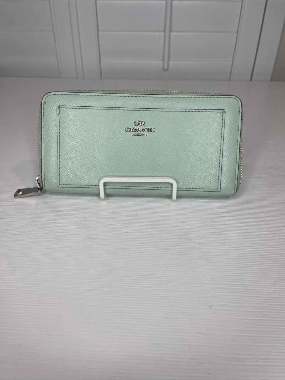 Coach Mint Green Zip Wallet with Silver Hardware